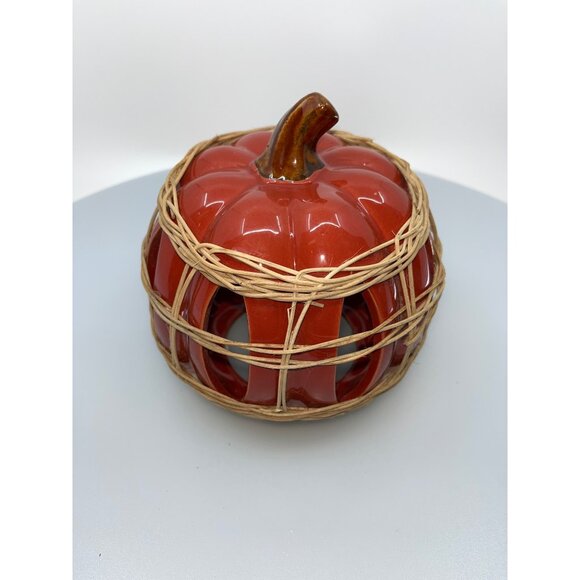 Ceramic Pumpkin Candle Holder With Rustic Wicker Detailing - Picture 1 of 13